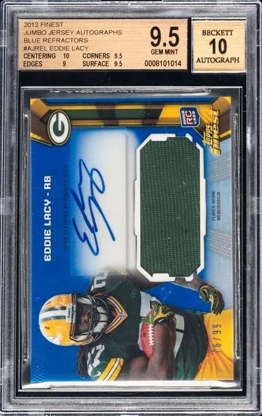 2013 Finest Eddie Lacy Jumbo Jersey Autographs Blue Refractors #AJR-EL card image
