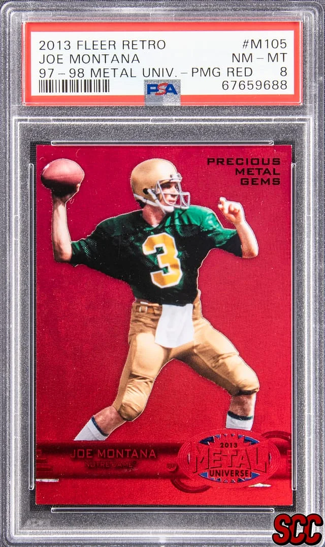 2013 Fleer Joe Montana Precious Metal Gems (PMG) Red 97-98 Metal Universe #M105 card image