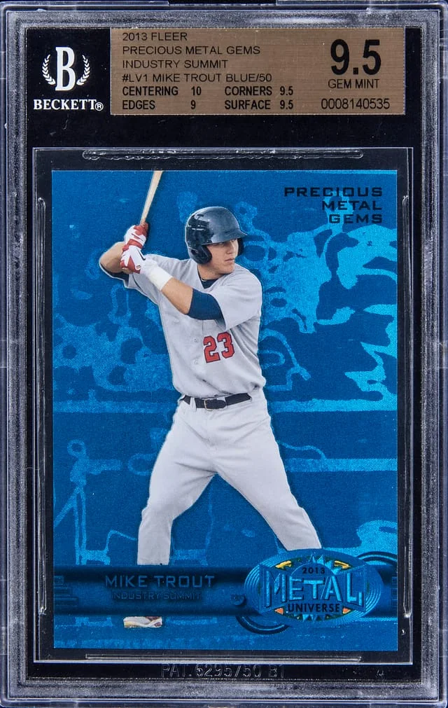 2013 Fleer Metal Universe Mike Trout Precious Metal Gems (PMG) Industry Summit Blue #LV1 card image