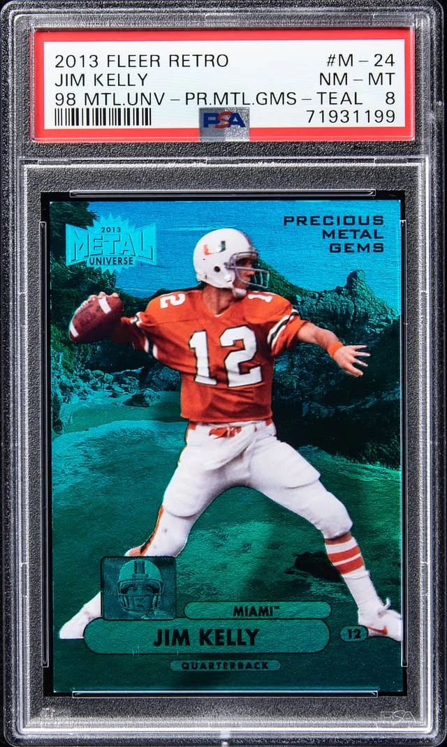2013 Fleer Retro Jim Kelly Precious Metal Gems (PMG) Teal 97-98 Metal Universe #M-24 card image