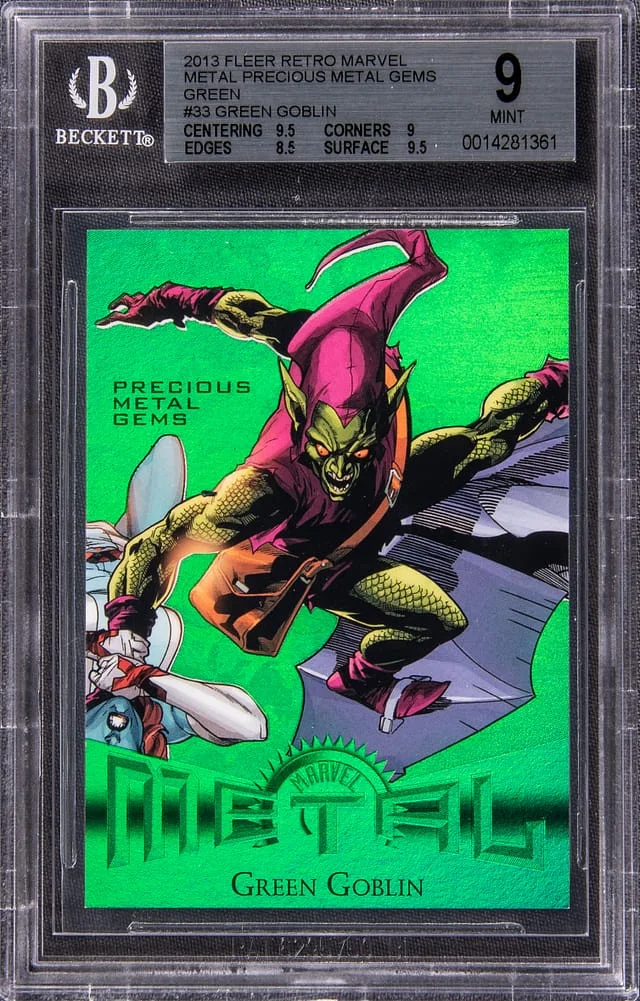 2013 Fleer Retro Marvel Green Goblin Precious Metal Gems (PMG) Green #33 card image