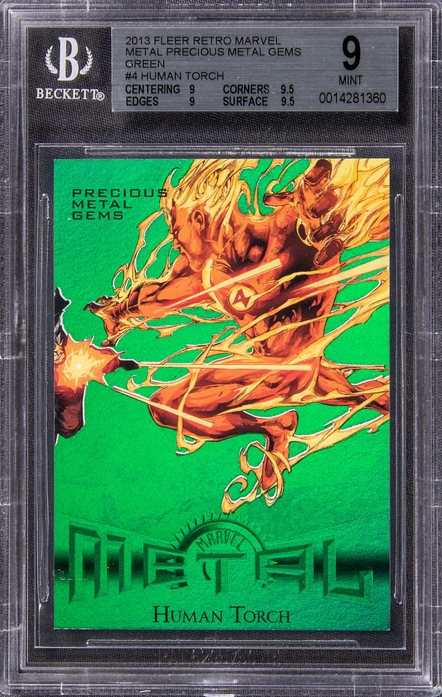 2013 Fleer Retro Marvel Human Torch Precious Metal Gems (PMG) Green #4 card image