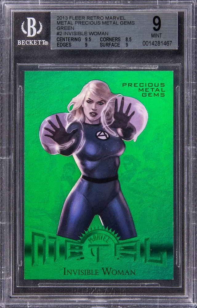 2013 Fleer Retro Marvel Invisible Woman Precious Metal Gems (PMG) Green #2 card image