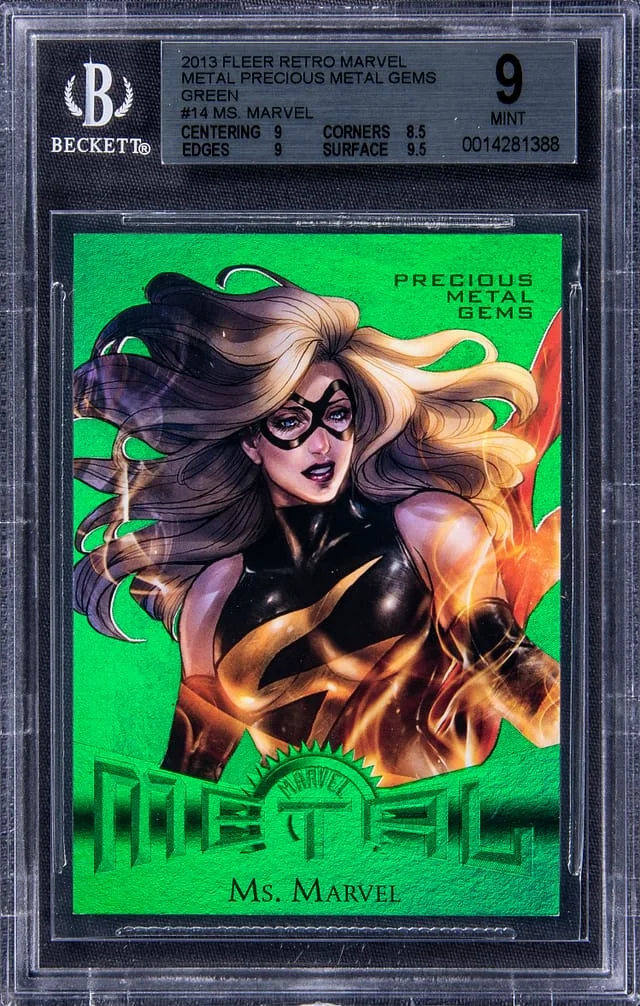 2013 Fleer Retro Marvel Ms. Marvel Precious Metal Gems (PMG) Green #14 card image