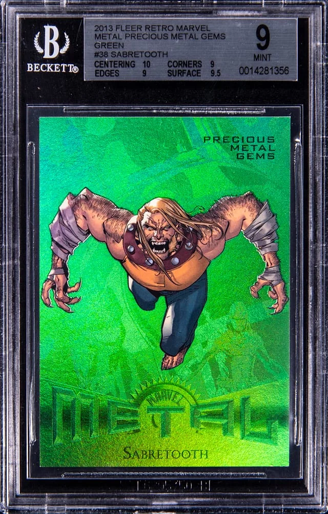 2013 Fleer Retro Marvel Sabretooth Metal Precious Metal Gems (PMG) Green #38 card image