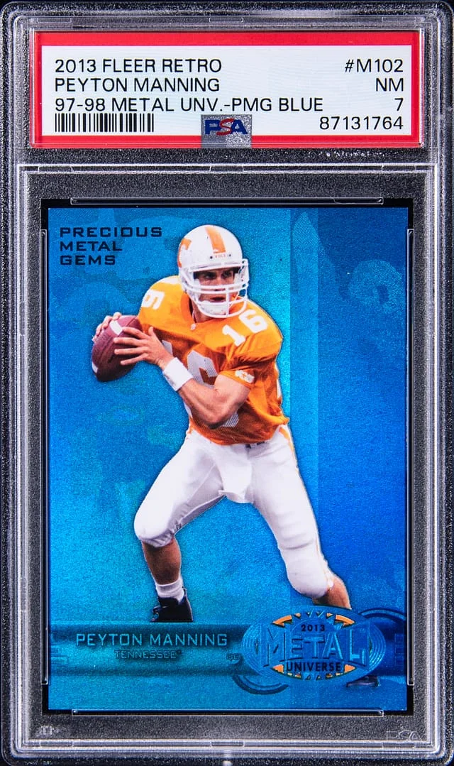 2013 Fleer Retro Peyton Manning 97-98 Metal Universe Precious Metal Gems Blue #M102 card image