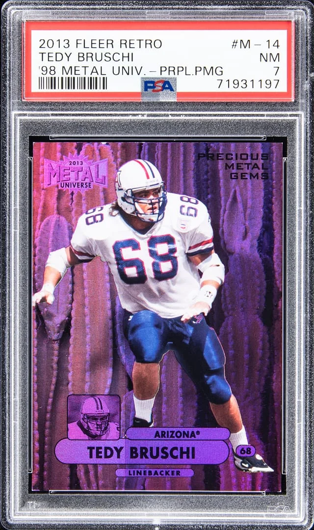 2013 Fleer Retro Tedy Bruschi Precious Metal Gems (PMG) Purple 97-98 Metal Universe #M-14 card image