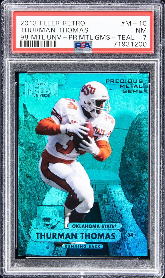 2013 Fleer Retro Thurman Thomas Precious Metal Gems (PMG) Teal 97-98 Metal Universe #M-10 card image