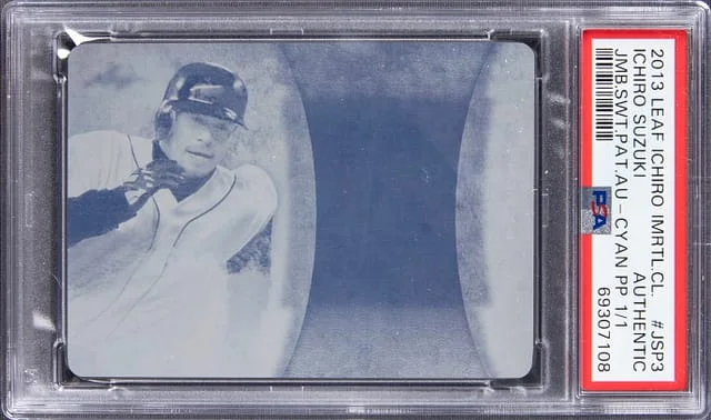 2013 Leaf Ichiro Suzuki Ichiro Immortal Collection Jumbo Swatch Patch Autograph Cyan Printing Plate #JSP3 card image