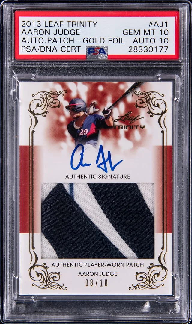 2013 Leaf Trinity Aaron Judge Autograph Patch Gold Foil #DTP-AJ1 card image