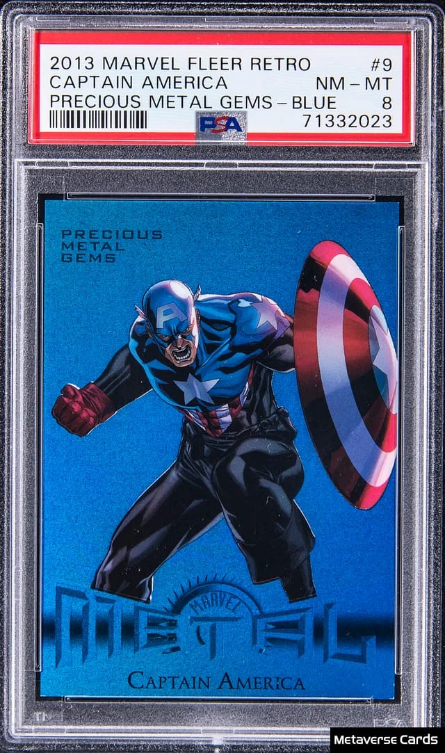 2013 Marvel Fleer Retro Precious Metal Gems (PMG) Blue Captain America #9 card image