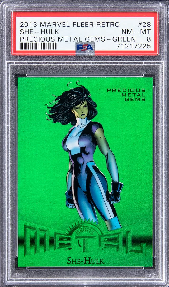2013 Marvel Fleer Retro Precious Metal Gems (PMG) Green She-Hulk #28 card image