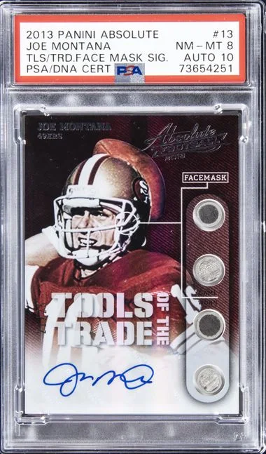 2013 Panini Absolute Joe Montana Tools Of The Trade Face Mask Signatures #13 card image