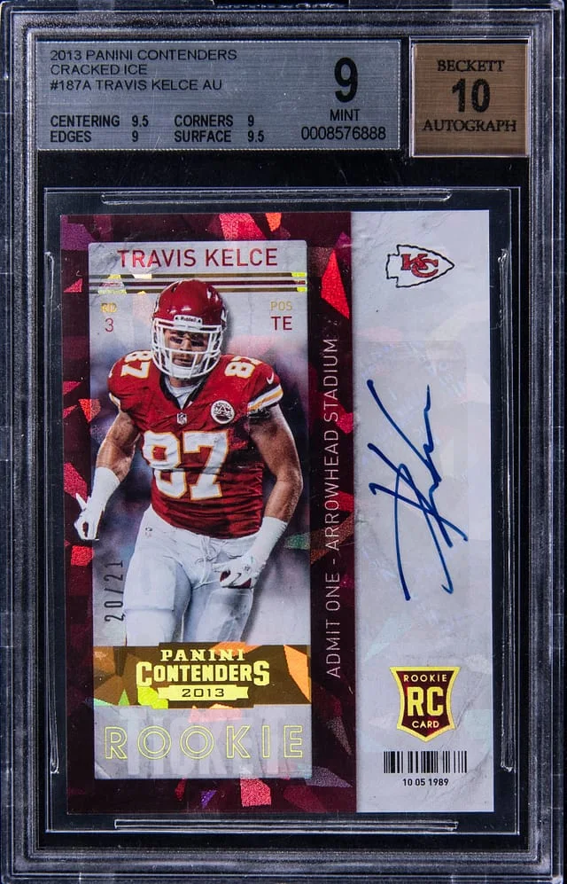 2013 Panini Contenders Travis Kelce Ticket Autograph Cracked Ice #187 card image