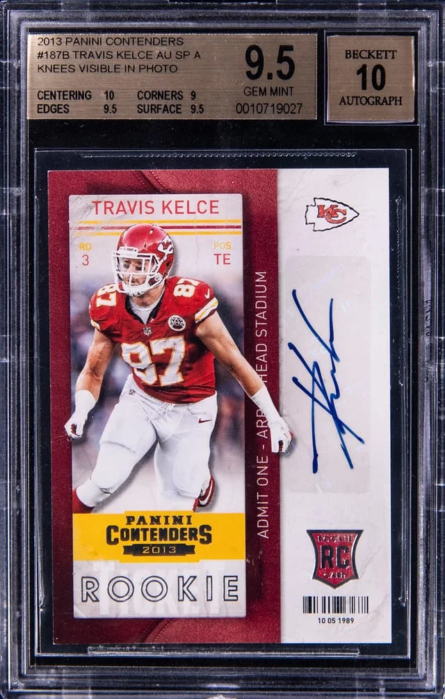 2013 Panini Contenders Travis Kelce, Knees Visible Ticket Autograph #187B card image
