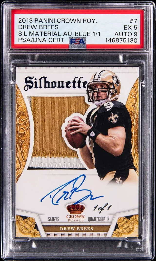 2013 Panini Crown Royale Drew Brees Silhouette Material Autographs Blue #7 card image