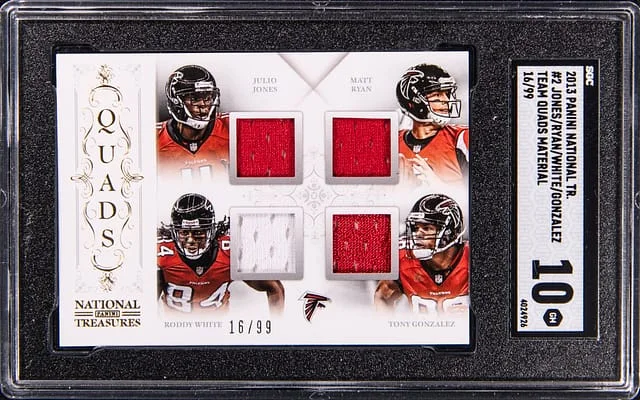 2013 Panini Julio Jones/Matt Ryan/Roddy White/Tony Gonzalez National Treasure Team Quads Material #2 card image