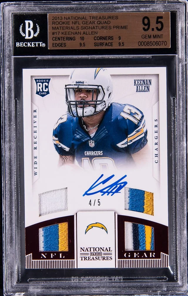 2013 Panini National Treasures Keenan Allen NFL Gear Quad Materials Signatures Prime #17 card image