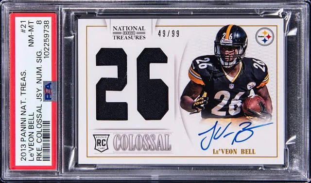 2013 Panini National Treasures Le'Veon Bell NFL Gear Quad Materials Signatures Prime #21 card image