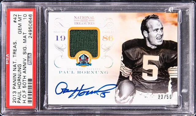 2013 Panini National Treasures Paul Hornung Hall of Fame 50th Anniversary Signature Material #42 card image