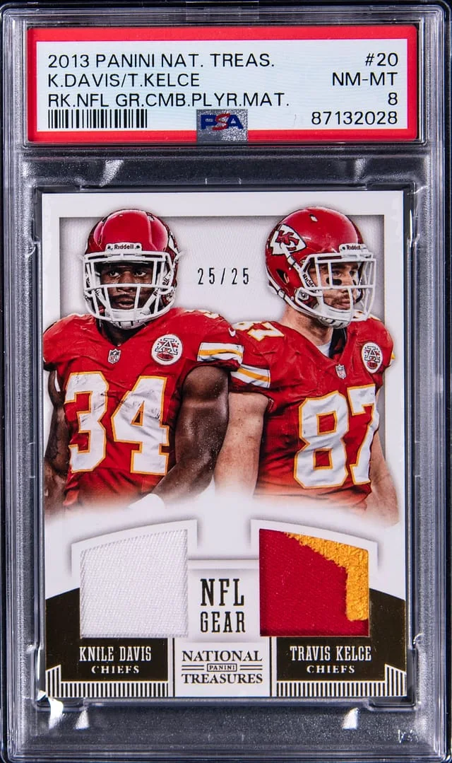 2013 Panini National Treasures Travis Kelce/Knile Davis NFL Gear Combo Player Materials #20 card image