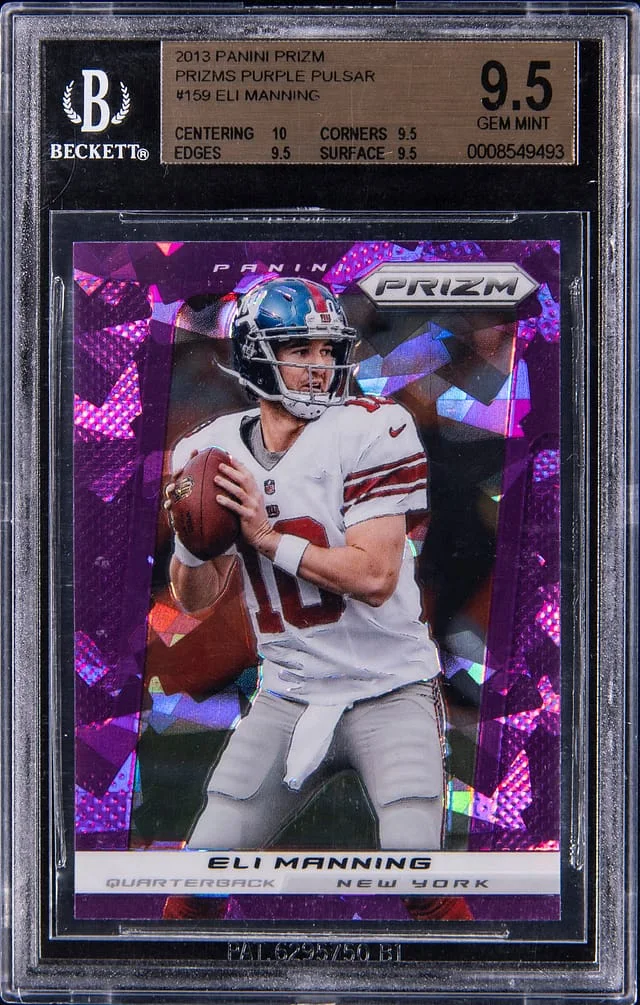 2013 Panini Prizm Eli Manning Prizms Purple Pulsar #159 card image
