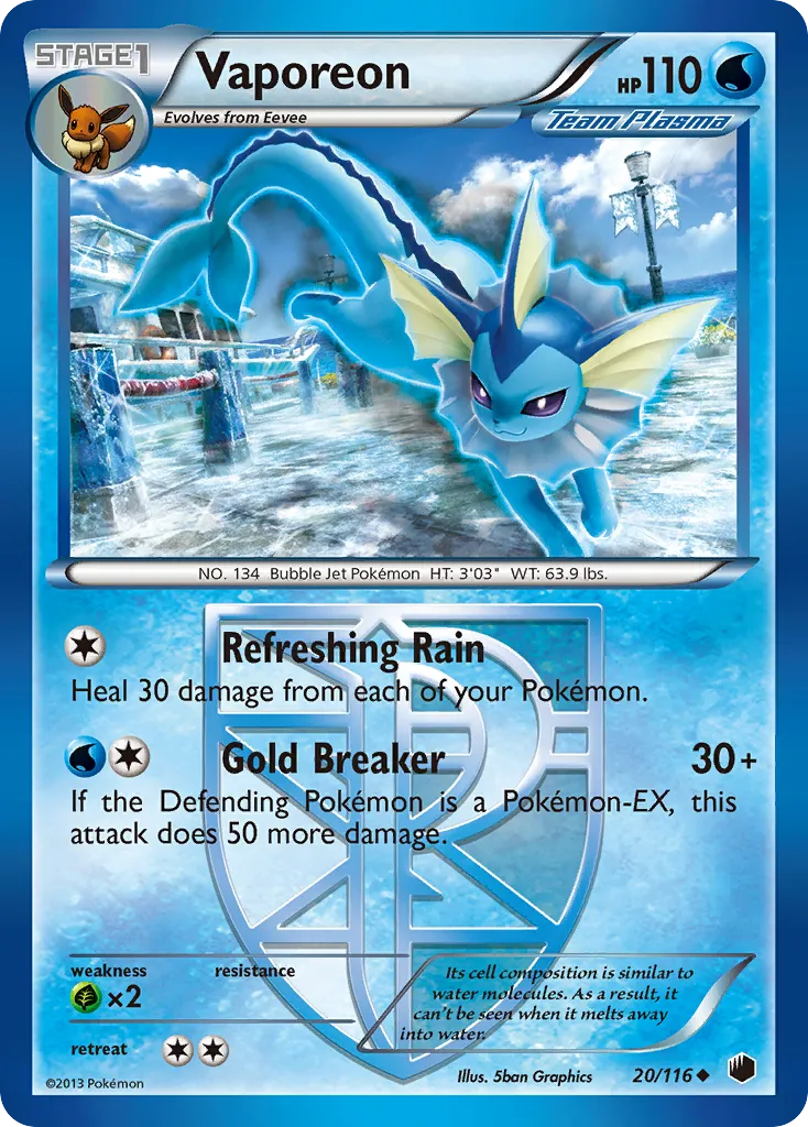 2013 Plasma Freeze Vaporeon #020/116 Uncommon card image