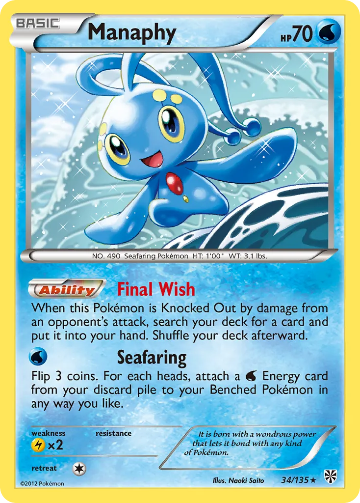 2013 Plasma Storm Manaphy #034/135 Rare Holo card image