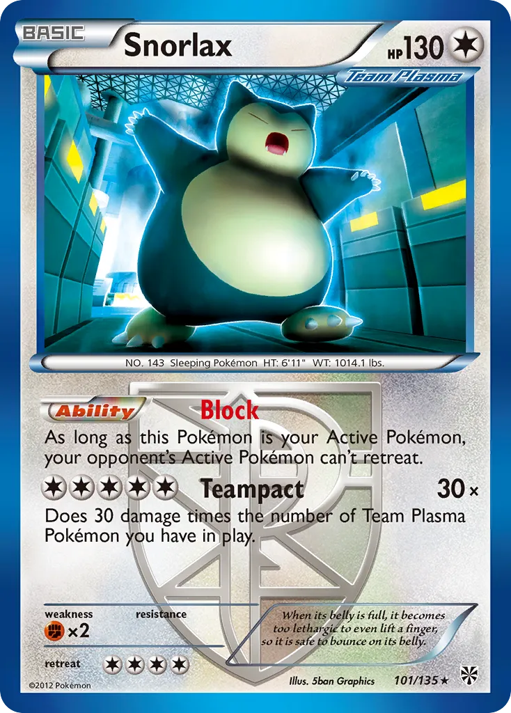 2013 Plasma Storm Snorlax Rare #101/135 Rare card image