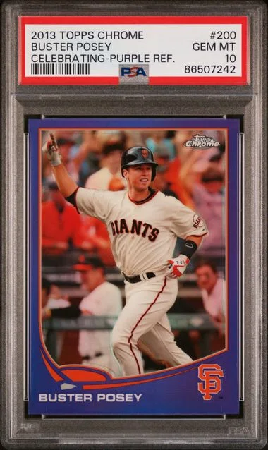 2013 Topps Chrome Buster Posey Celebrating-Purple Refractor #200 card image