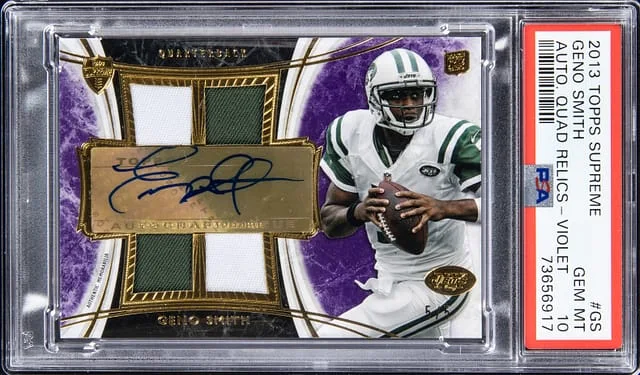 2013 Topps Geno Smith Supreme Autograph Quad Relics Violet #SAQR-GS card image
