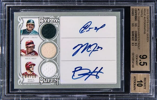 2013 Topps Gypsy Queen Yoenis Cespedes/Mike Trout/Bryce Harper Triple Relic Autograph Triple #TAR-CTH card image