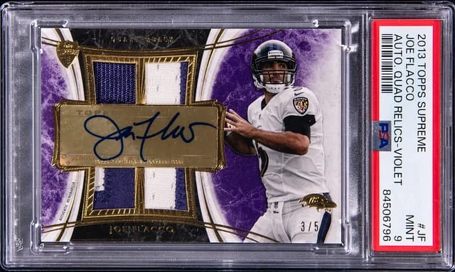 2013 Topps Joe Flacco Supreme Autograph Quad Relics Violet #JF card image