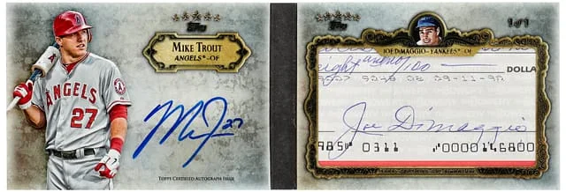 2013 Topps Mike Trout/Joe DiMaggio Five Star Autograph Cut Signature Book #FSCSB-TD card image
