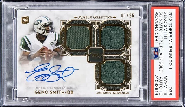 2013 Topps Museum Collection Geno Smith Signature Swatches Triple Relic Autograph Gold #SSTRA-GS card image