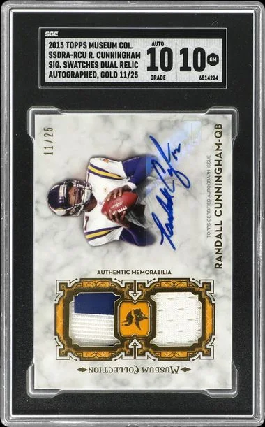 2013 Topps Museum Collection Randall Cunningham Signature Swatches Dual Relic Autographed Gold #SSDRA-RCU card image