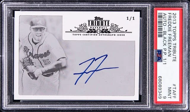 2013 Topps Tribute Freddie Freeman Auto - Black Printing Plate 1/1 #TAFF card image