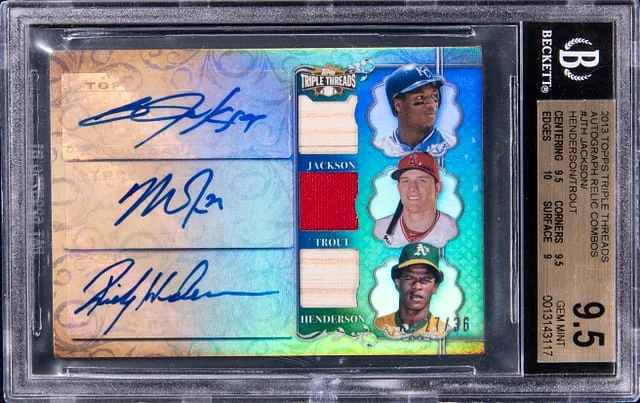 2013 Topps Triple Threads Bo Jackson/Mike Trout/Rickey Henderson Multi-Signed Autograph Relic Combos #TTARC-JTH card image