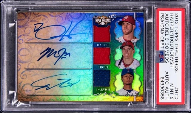 2013 Topps Triple Threads Bryce Harper/Mike Trout/Yu Darvish Multi-Signed Autograph Relic Combos #HTD card image