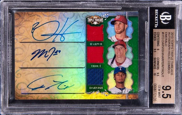 2013 Topps Triple Threads Bryce Harper/Mike Trout/Yu Darvish Multi-Signed Autograph Relic Combos Emerald #TTARC-HTD card image