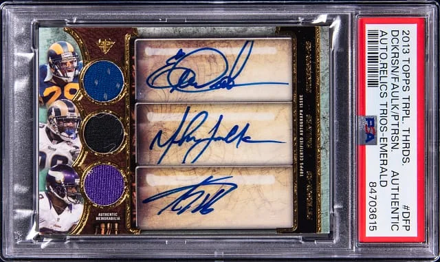 2013 Topps Triple Threads Eric Dickerson/Marshall Faulk/Adrian Peterson Multi-Signed Autograph Relics Trios Emerald #TTART-DFP card image