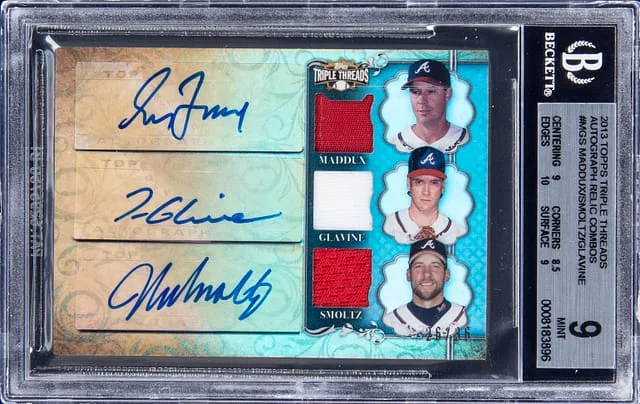 2013 Topps Triple Threads Greg Maddux/Tom Glavine/John Smoltz Triple Autograph Relic Combos #TTARC-MGS card image
