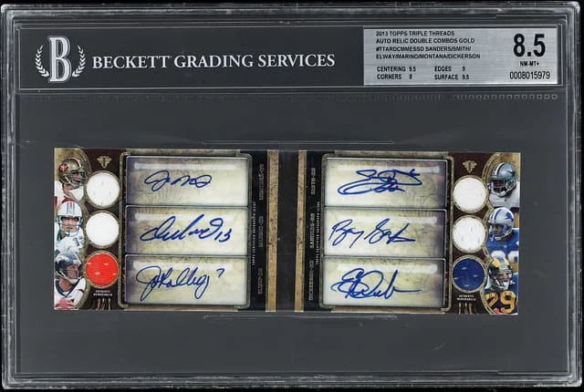 2013 Topps Triple Threads Joe Montana/Dan Marino/John Elway/Emmitt Smith/Barry Sanders/Eric Dickerson Autograph Relic Double Combos Gold #TTARDC-MMESSD card image
