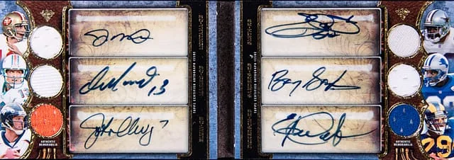 2013 Topps Triple Threads Montana/Marino/Elway/Smith/Sanders/Dickerson Multi-Signed Booklet Auto Relic Double Combos Book Card #TTARDC-MMESSD card image