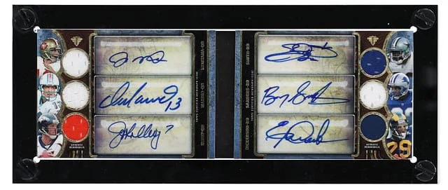2013 Topps Triple Threads Montana/Marino/Elway/Smith/Sanders/Dickerson Multi-Signed Autograph Relic Double Combos Book Card #TTARDC-MMESSD card image