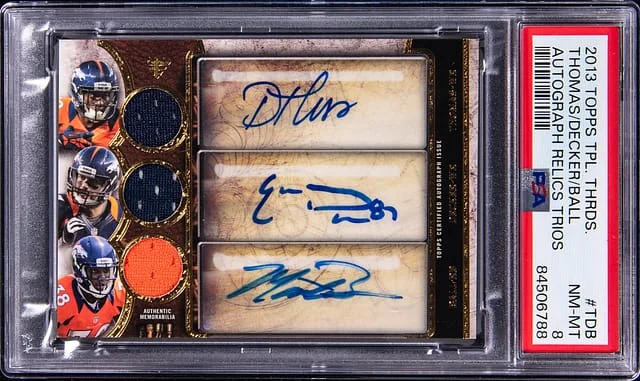 2013 Topps Triple Threads Monte Ball/Eric Decker/Demaryius Thomas Multi-Signed Autographs Relics Trios #TDB card image