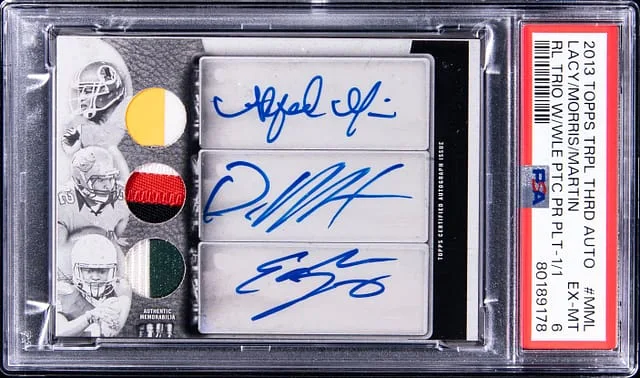 2013 Topps Triple Threads Morris/Martin/Lacy Autograph Relics Trio White Whale Patch Printing Plate #TTART-MML card image