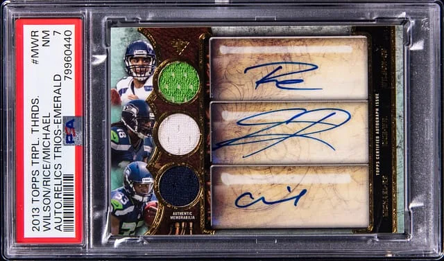 2013 Topps Triple Threads Russell Wilson/Sidney Rice/Christine Michael Autograph Relics Trios Emerald #TTART-WRM card image