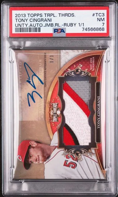2013 Topps Triple Threads Tony Cingrani Unity Autograph Jumbo Relic Ruby #UAJR-TC3 card image