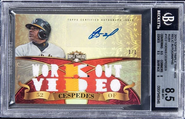 2013 Topps Triple Threads Yoenis Cespedes Relic Autograph Ruby #TTAR-YC2 card image